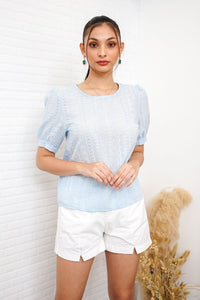 CHARLEE Puff-Sleeve Eyelet Top (Powder Blue)