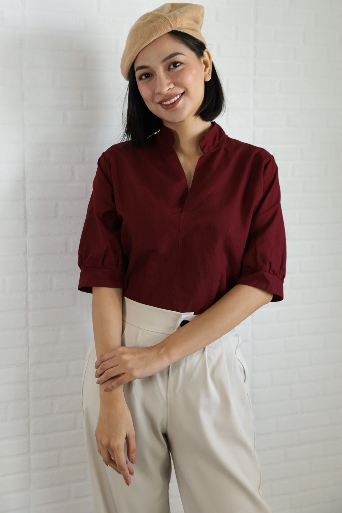 TAYLOR Relaxed Mandarin Collar Top (Wine Red)