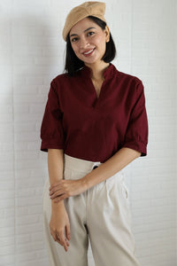 TAYLOR Relaxed Mandarin Collar Top (Wine Red)