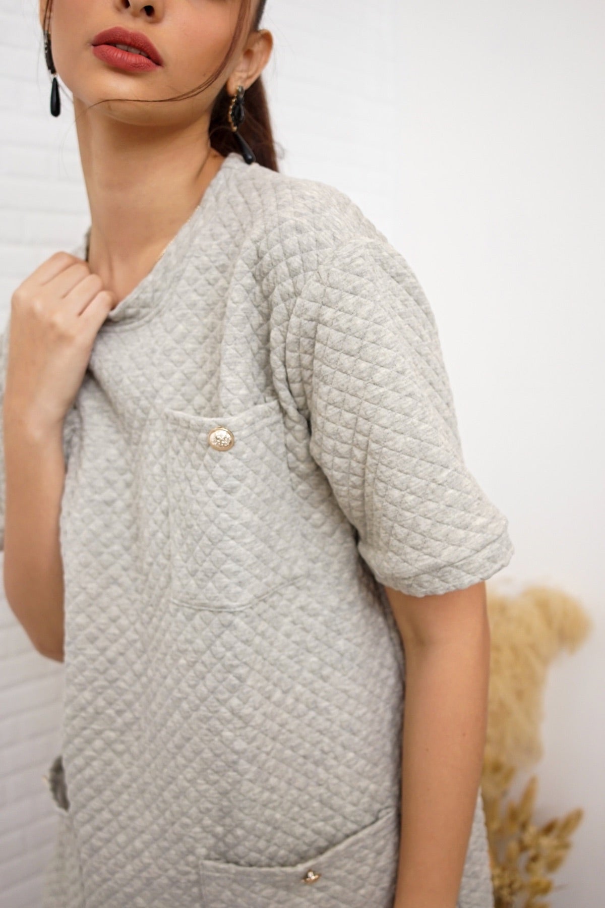 MCKENNA Diamond-Quilt Pocket Dress (Light Gray)
