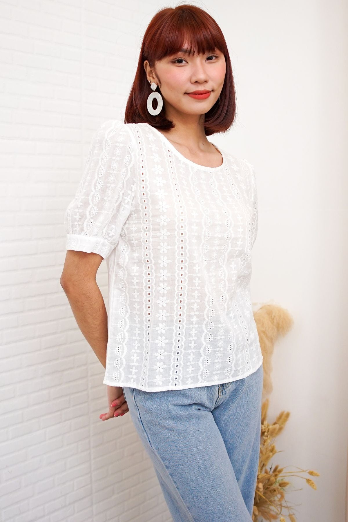 CHARLEE Puff-Sleeve Eyelet Top (White)