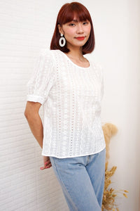 CHARLEE Puff-Sleeve Eyelet Top (White)
