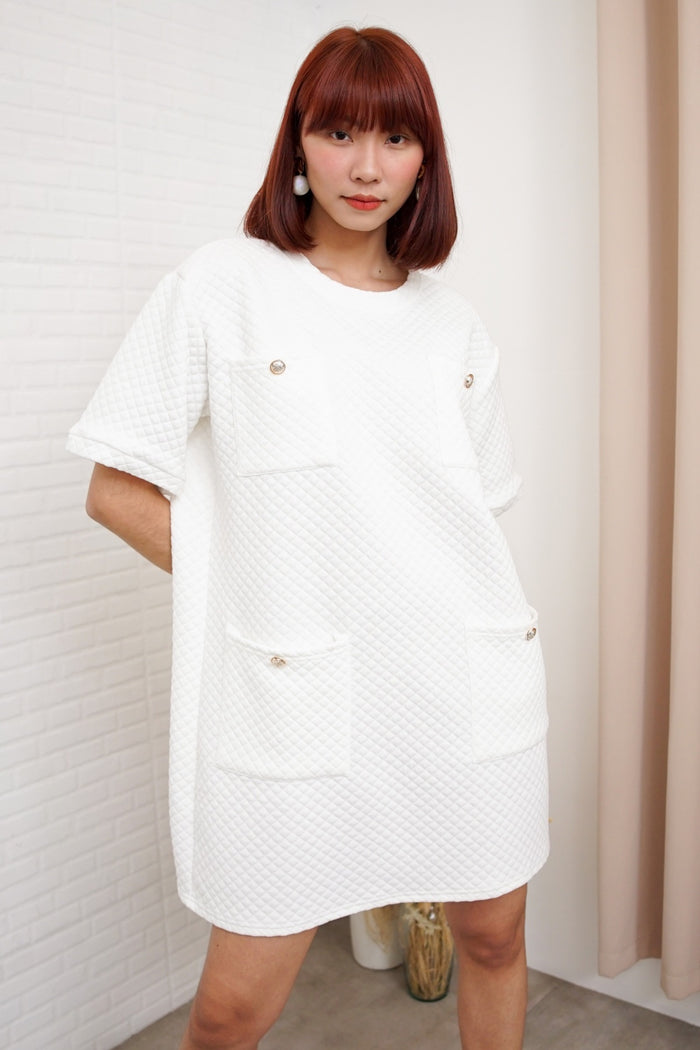 MCKENNA Diamond-Quilt Pocket Dress (White)