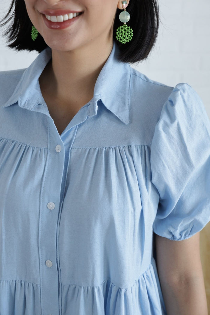 JULES Button-down Tiered Mini Dress (Powder Blue)
