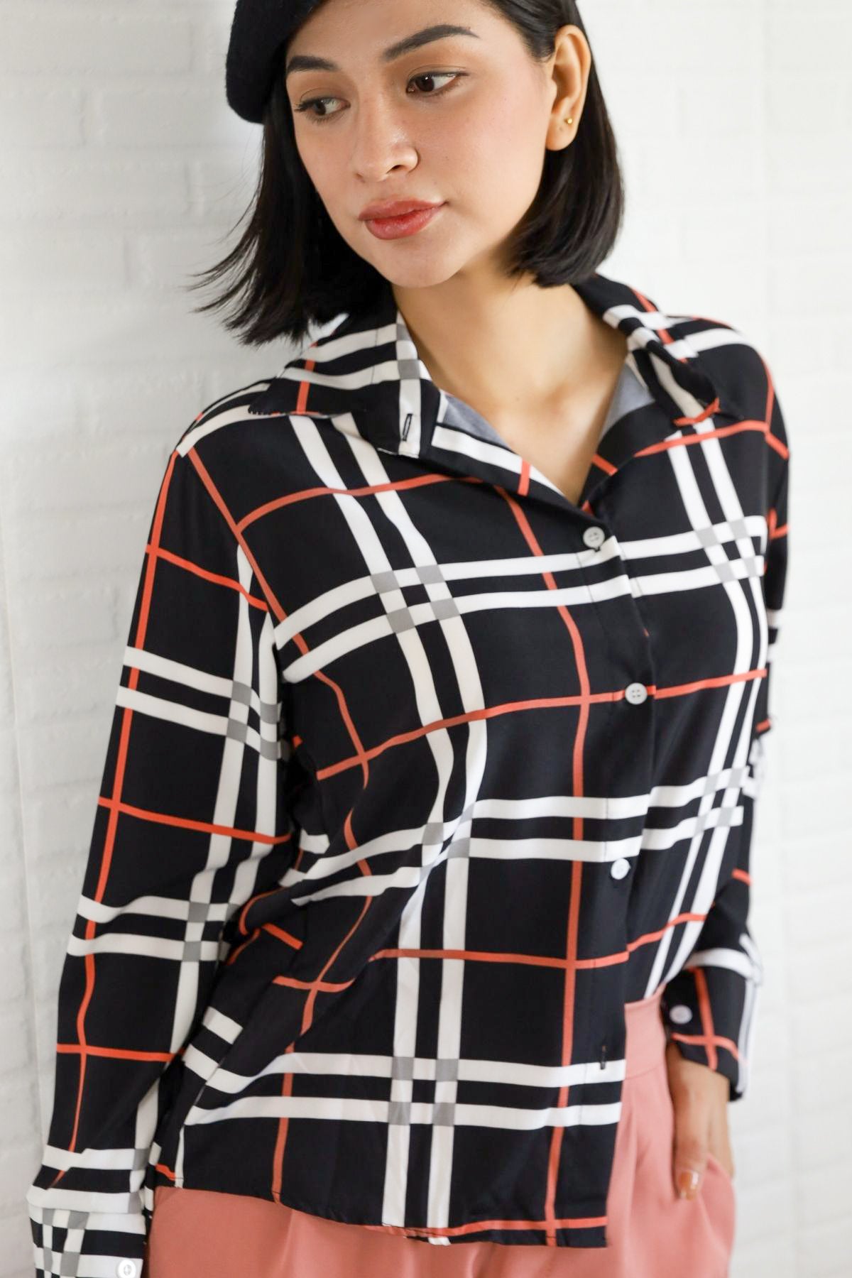 ANIKA Plaid Button-Down Shirt (Black)