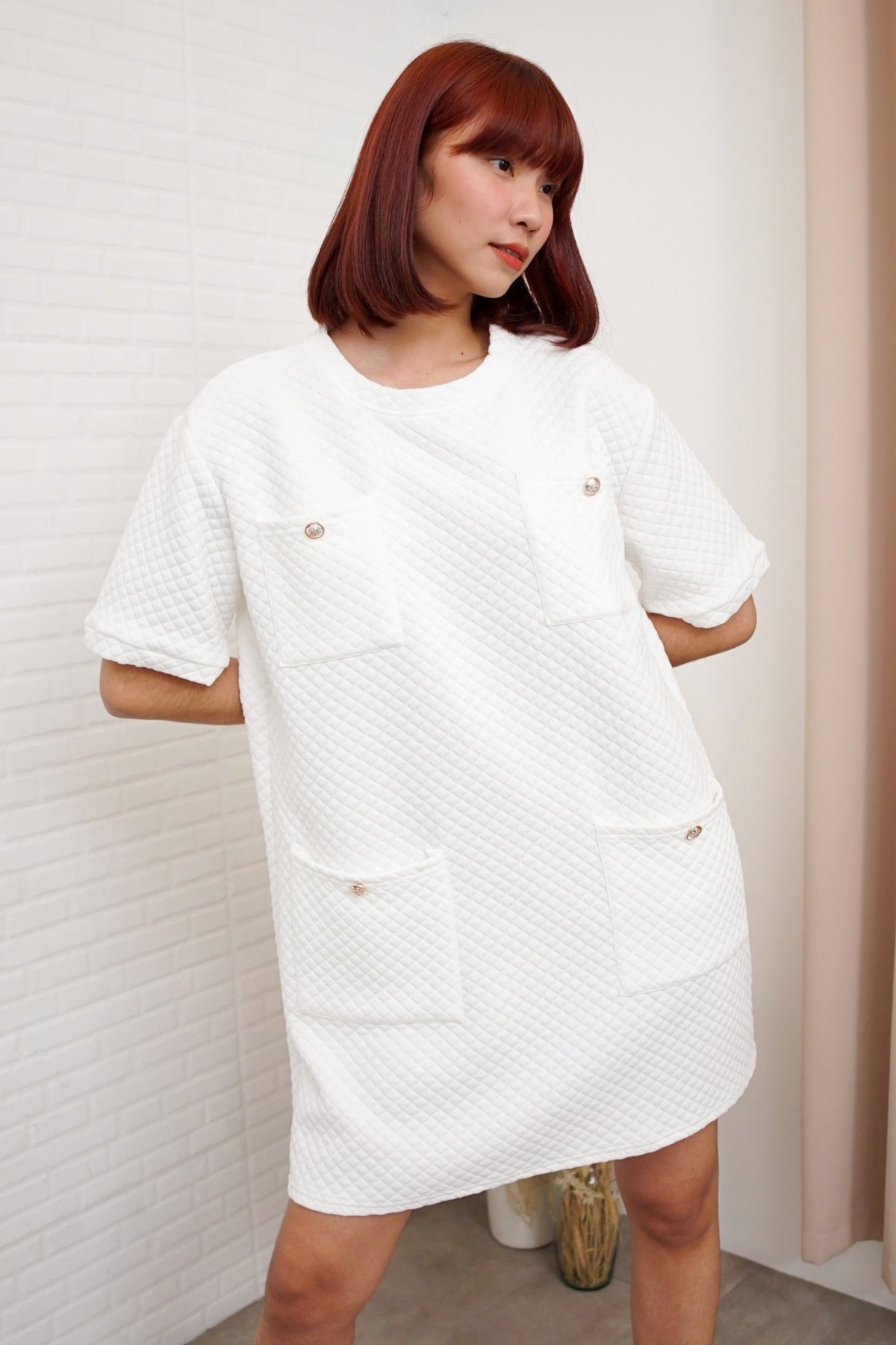 MCKENNA Diamond-Quilt Pocket Dress (White)