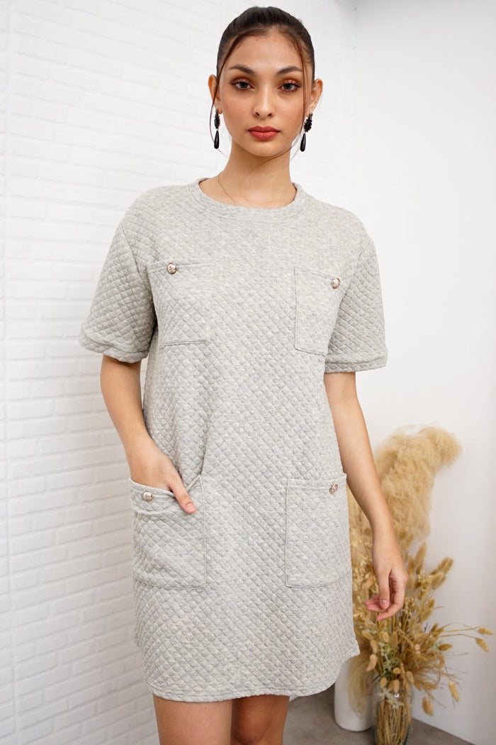 MCKENNA Diamond-Quilt Pocket Dress (Light Gray)