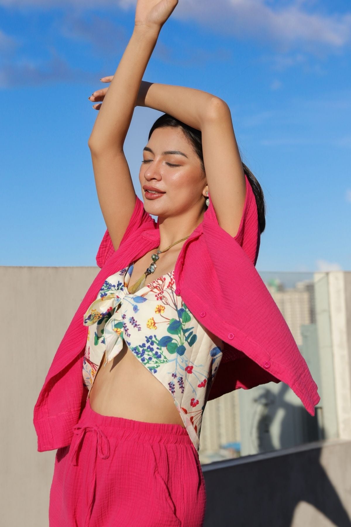 KYLIE Cotton Shirt & Shorts Co-ord (Fuchsia Pink)