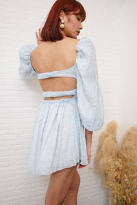 NYLA Puff-Sleeve Open-Back Bustier Mini Dress (Powder Blue)