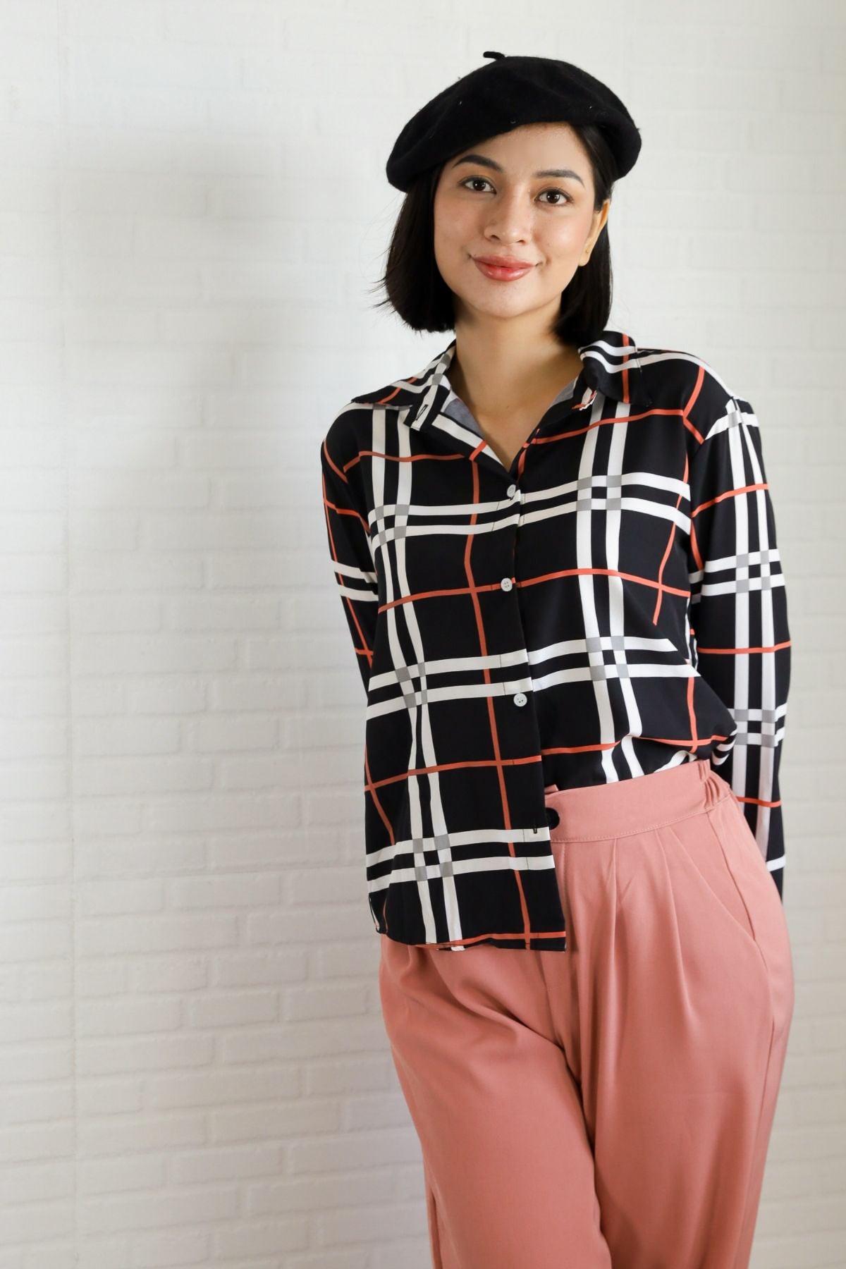 ANIKA Plaid Button-Down Shirt (Black)