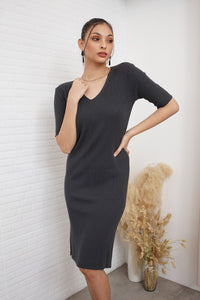 BRYNN Rib-Knit Midi Dress (Charcoal Grey)