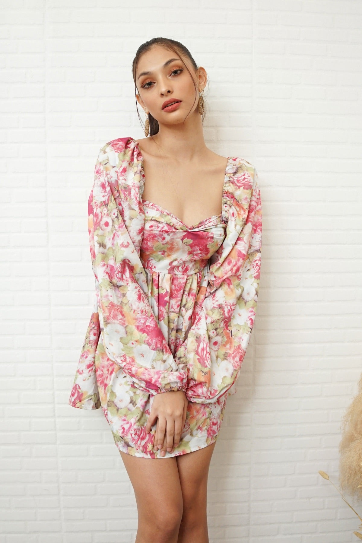 ARIELLA Puff-Sleeve Open-Back Floral Mini Dress