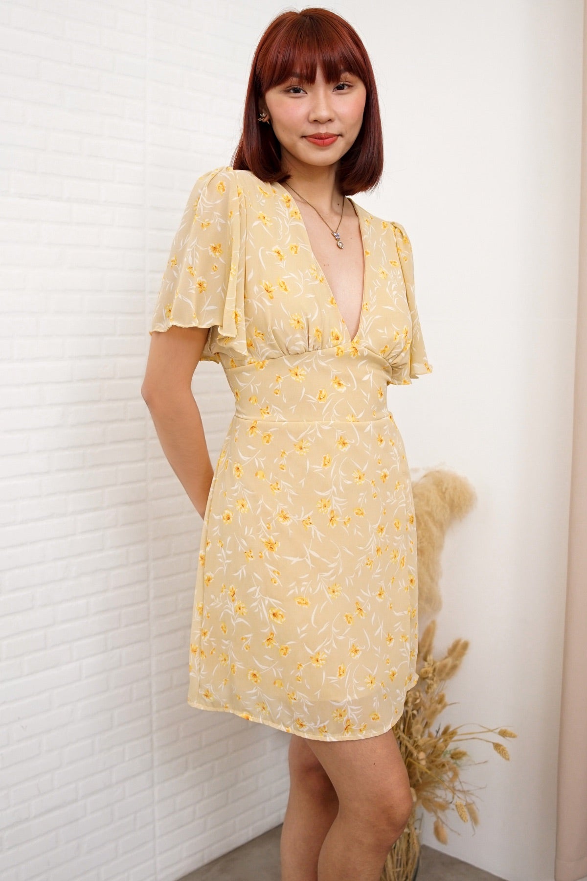 EVERLY Flutter-Sleeve Chiffon Dress (Custard Yellow)