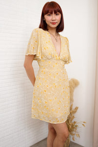 EVERLY Flutter-Sleeve Chiffon Dress (Custard Yellow)