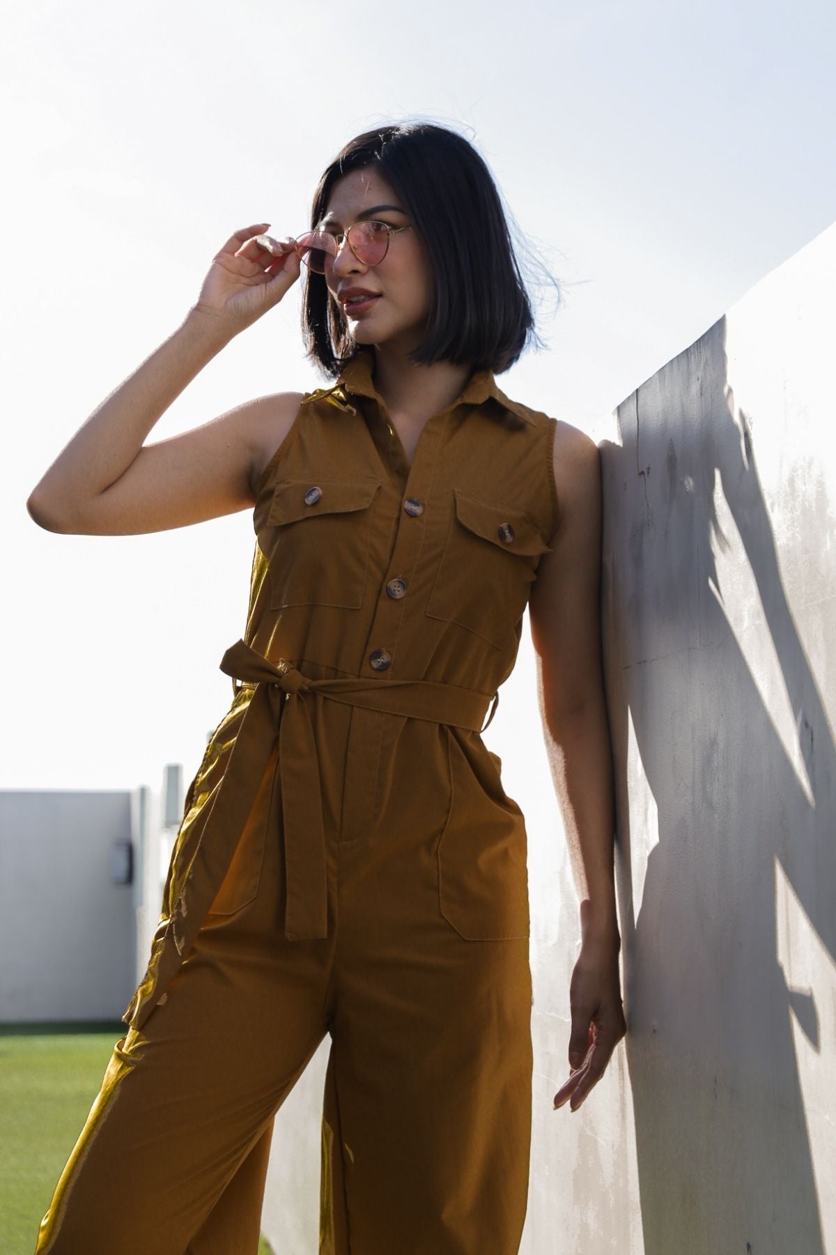 KAT Buttoned Tie-waist Jumpsuit (Deep Mustard)