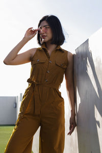 KAT Buttoned Tie-waist Jumpsuit (Deep Mustard)