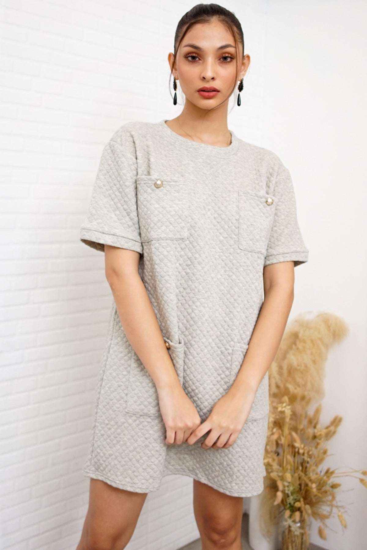 MCKENNA Diamond-Quilt Pocket Dress (Light Gray)