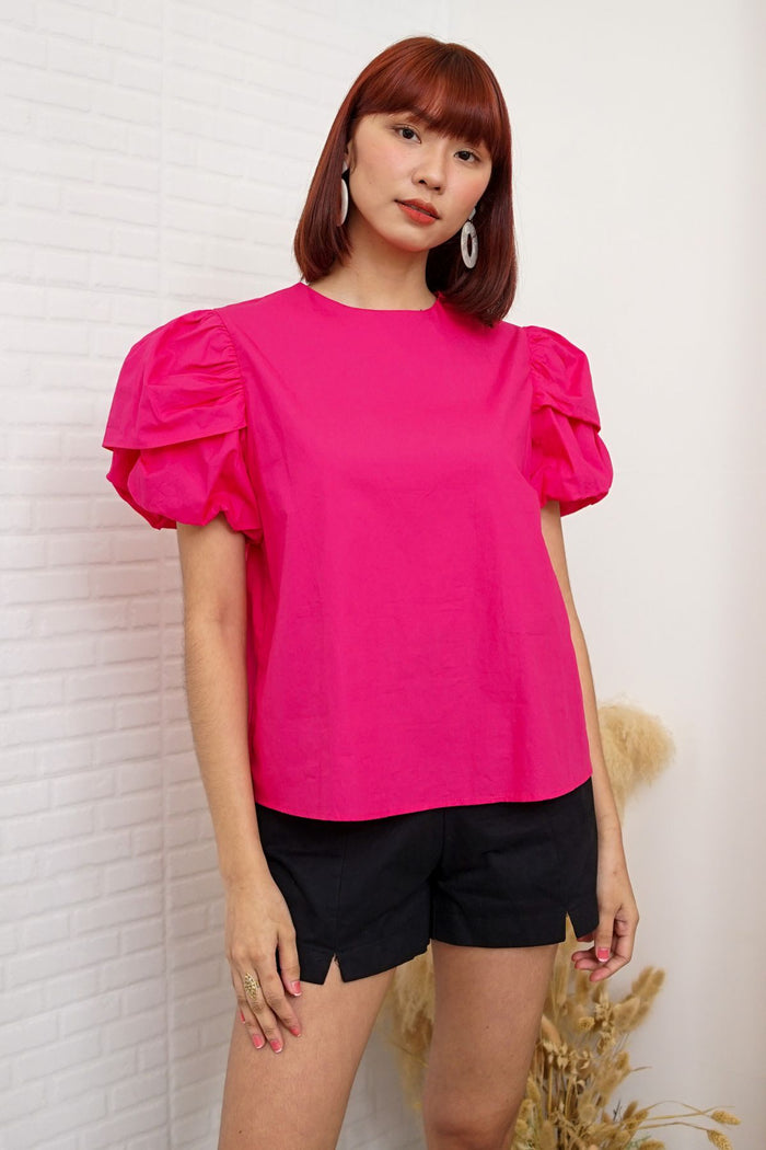 CATALEYA Poplin Puff-Sleeve Top (Magenta)