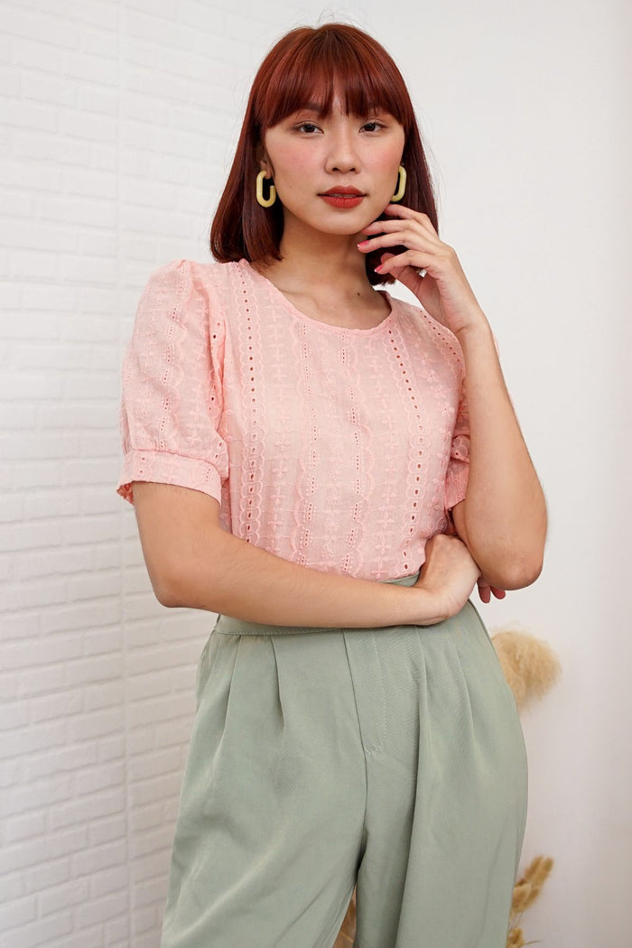 CHARLEE Puff-Sleeve Eyelet Top (Peach)