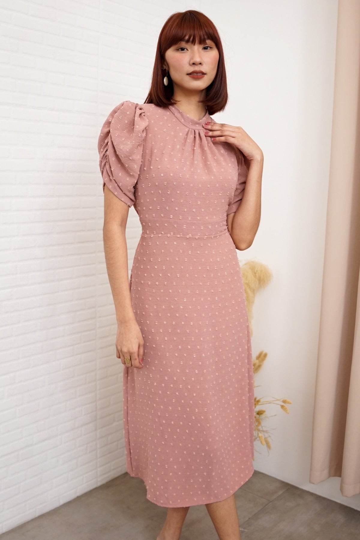 REIGN Puff-Sleeve Dobby Dot Midi Dress (Dusty Rose)