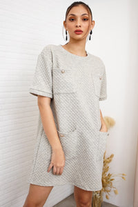 MCKENNA Diamond-Quilt Pocket Dress (Light Gray)