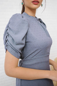 REIGN Puff-Sleeve Dobby Dot Midi Dress (Dusty Blue)