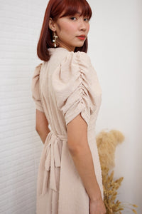 REIGN Puff-Sleeve Dobby Dot Midi Dress (Cream Beige)