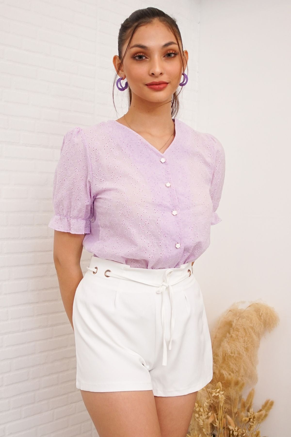 ALIVIA Buttoned Puff-Sleeve Eyelet Top (Lilac)