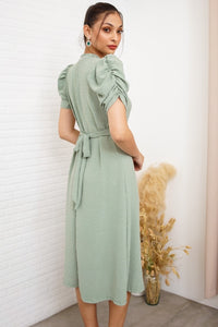 REIGN Puff-Sleeve Dobby Dot Midi Dress (Sage Green)