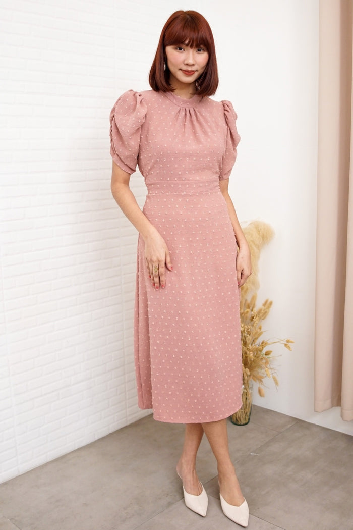 REIGN Puff-Sleeve Dobby Dot Midi Dress (Dusty Rose)
