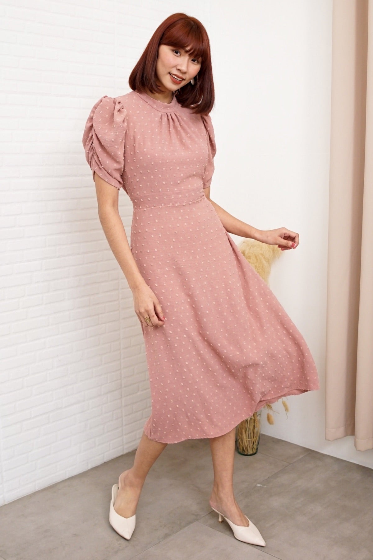 dusty rose midi dress with sleeves Dusty Rose Floral Maxi Dress with Soft Feminine Elegance L