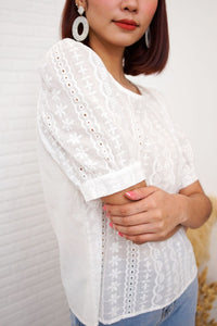 CHARLEE Puff-Sleeve Eyelet Top (White)