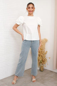 CATALEYA Poplin Puff-Sleeve Top (White)