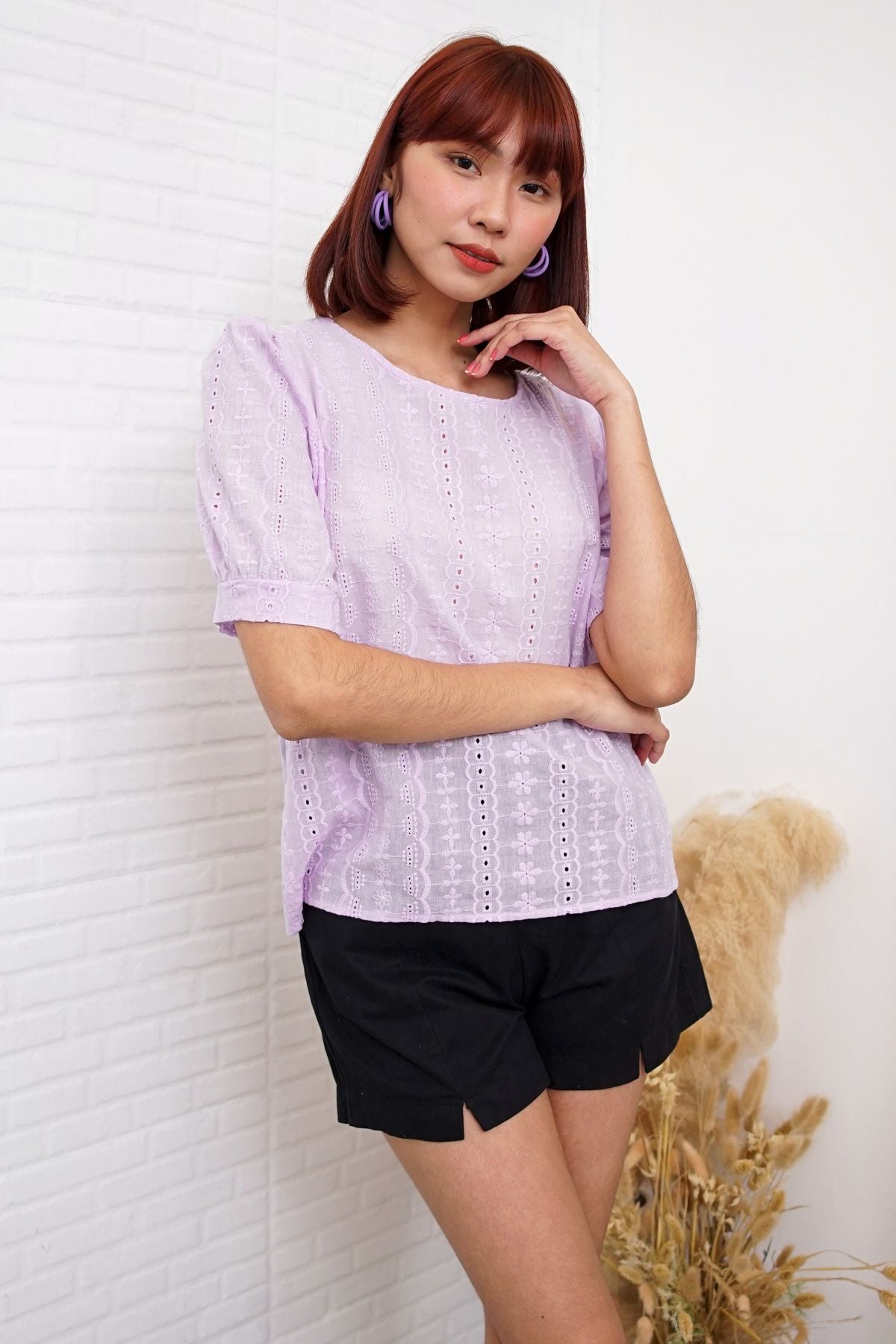 CHARLEE Puff-Sleeve Eyelet Top (Lilac)