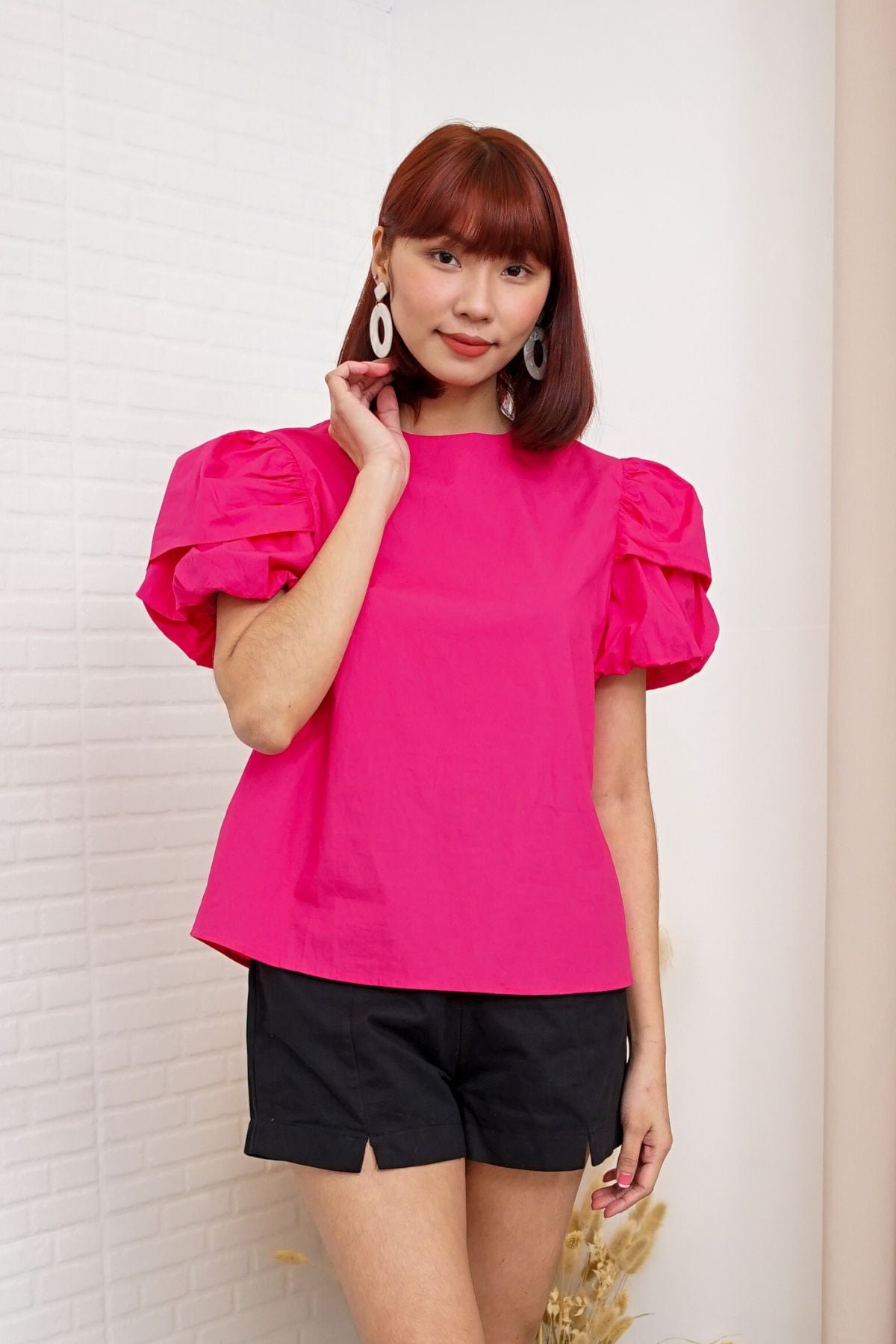 CATALEYA Poplin Puff-Sleeve Top (Magenta)
