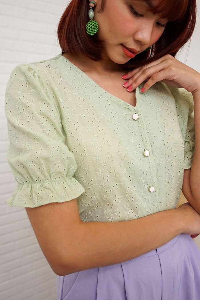 ALIVIA Buttoned Puff-Sleeve Eyelet Top (Sage Green)