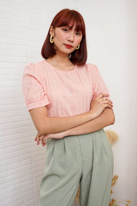 CHARLEE Puff-Sleeve Eyelet Top (Peach)