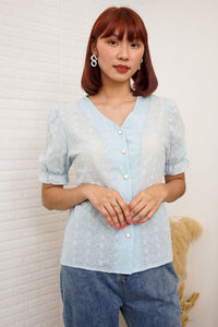 ALIVIA Buttoned Puff-Sleeve Eyelet Top (Powder Blue)