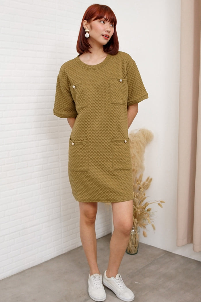 MCKENNA Diamond-Quilt Pocket Dress (Moss Green)