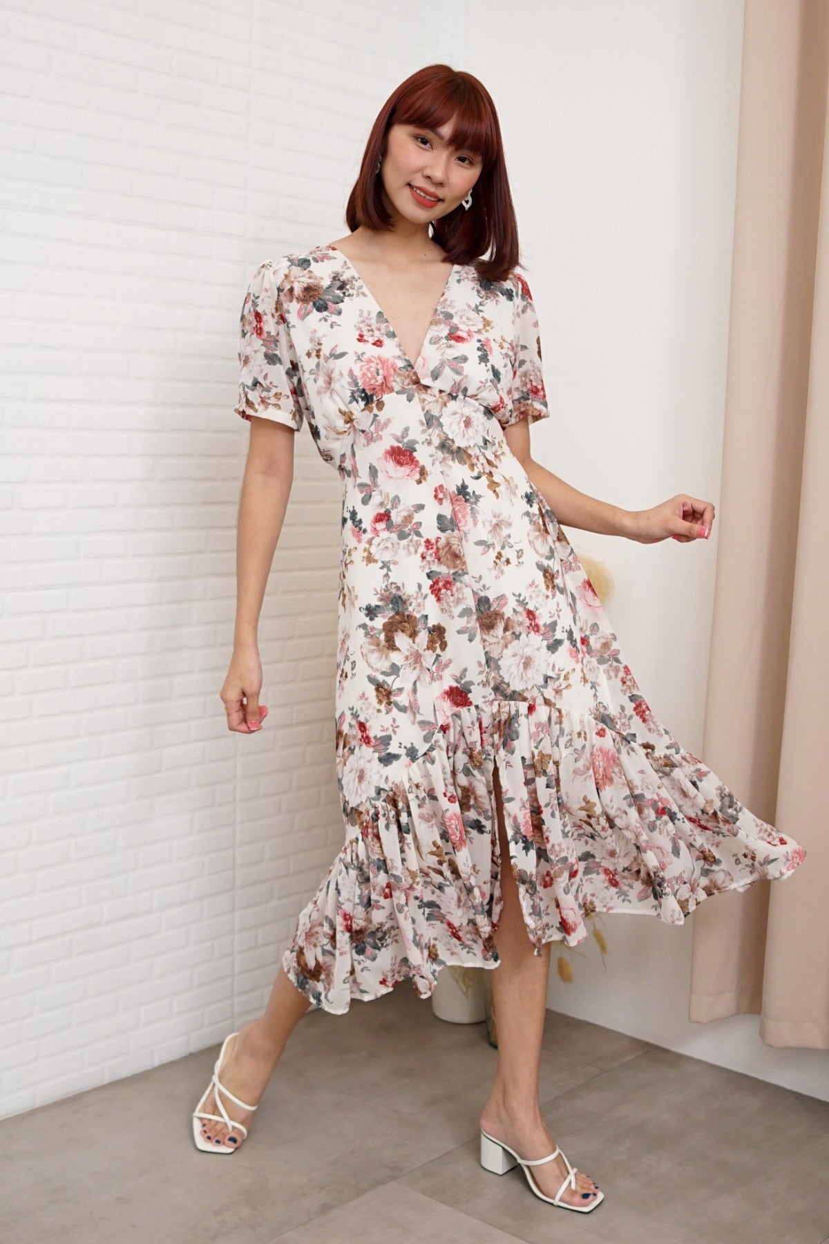 chiffon floral dress midi Floral Chiffon Midi Dress, Sand