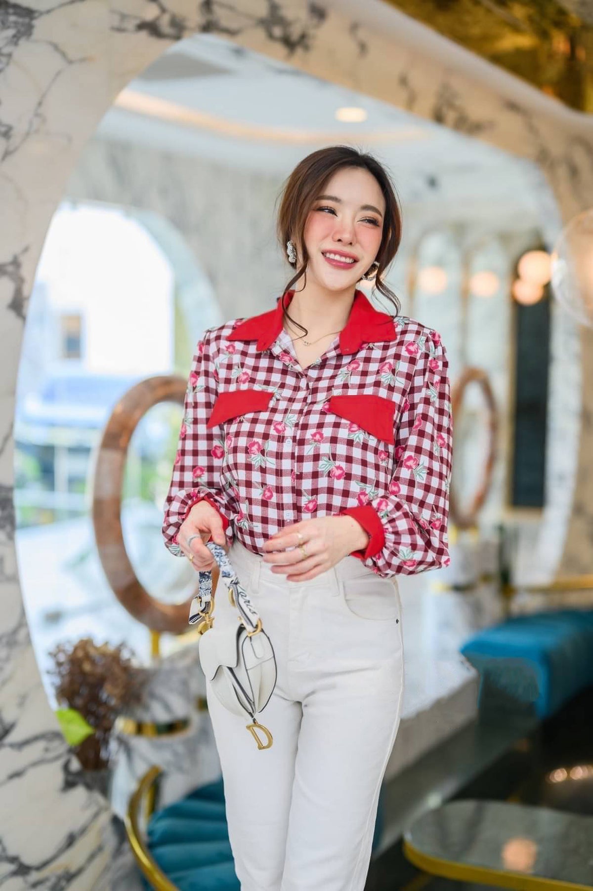 BECCA Rose Plaid Button-Down Shirt (Red)