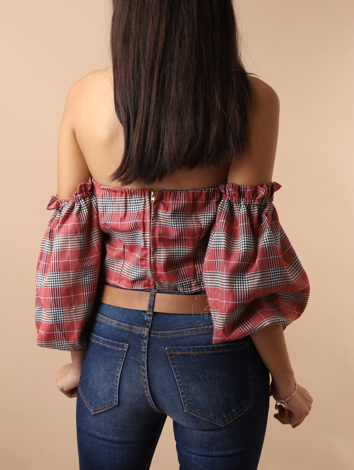 REESE Plaid Off-Shoulder Crop Top (Rust Red)