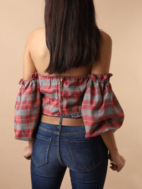 REESE Plaid Off-Shoulder Crop Top (Rust Red)