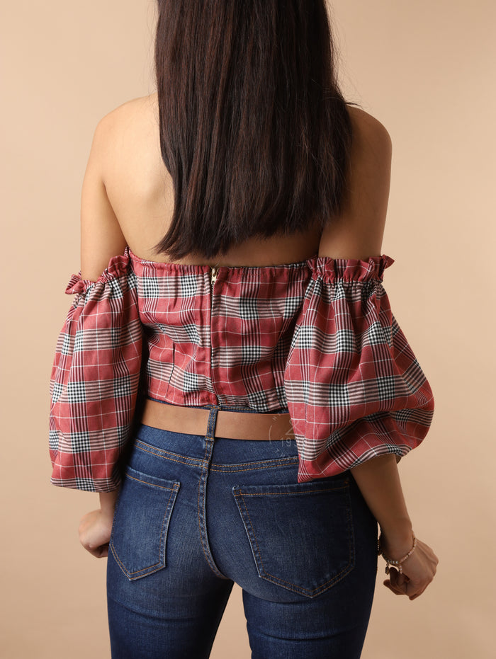REESE Plaid Off-Shoulder Crop Top (Rust Red)