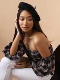 REESE Plaid Off-Shoulder Crop Top (Black)