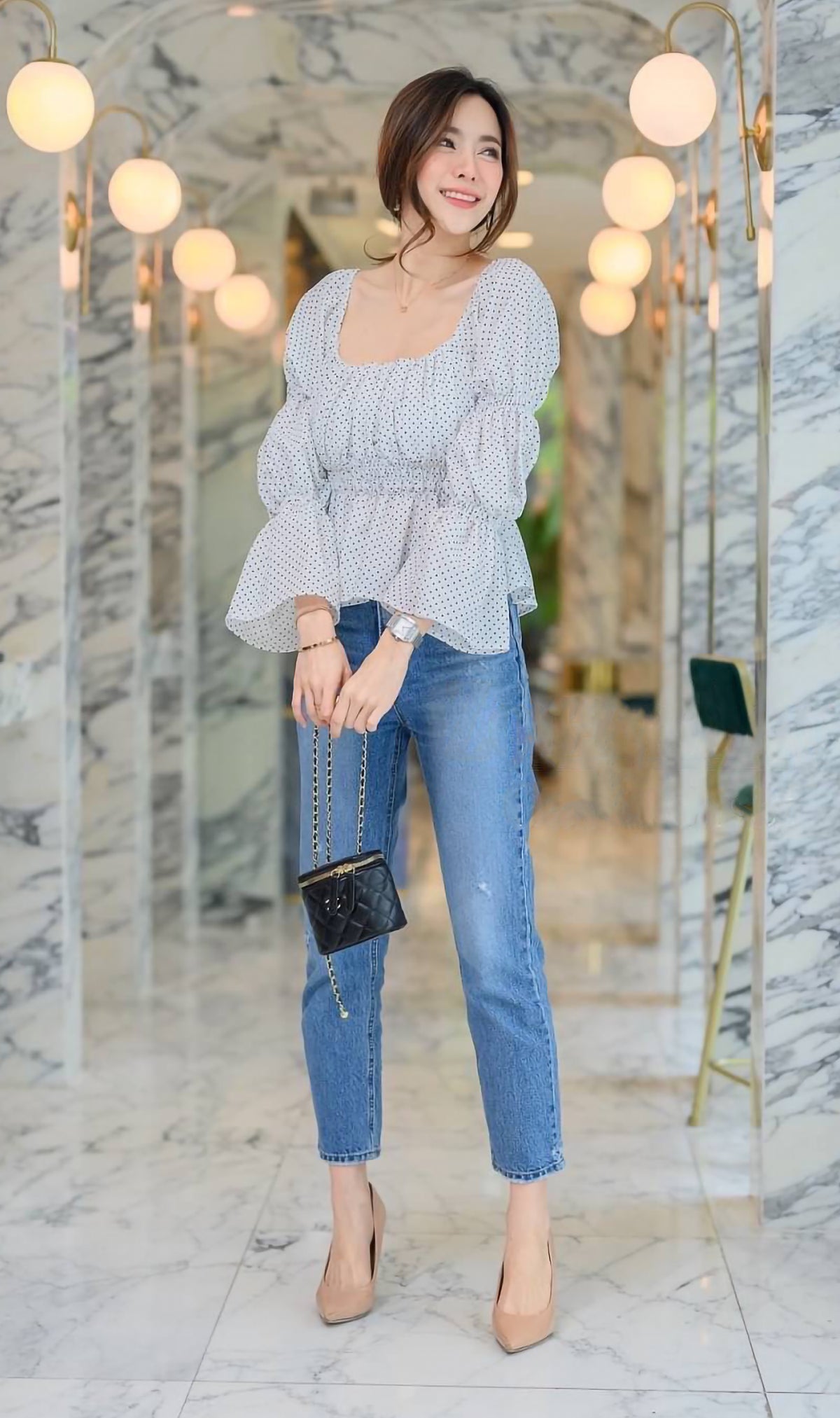 NIKKO Tiered-Sleeve Dotted 2-Way Top (White)