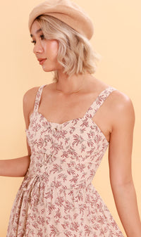 CRESSIDA Floral Lace-Up Midi Dress (Blush Beige)