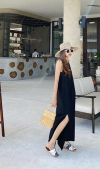 ZADIE Linen Slip Midi Dress (Black)