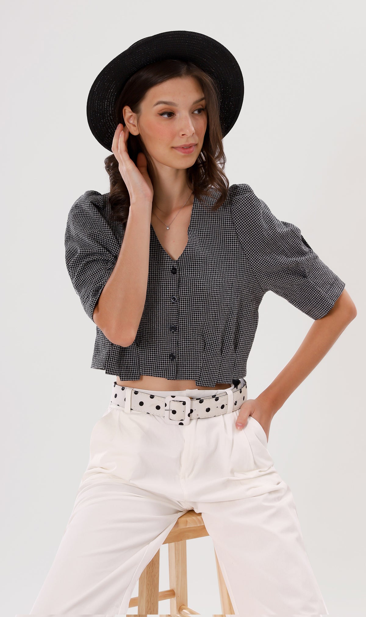 KATYA Buttoned Puff-Sleeve Grid Top (Black)