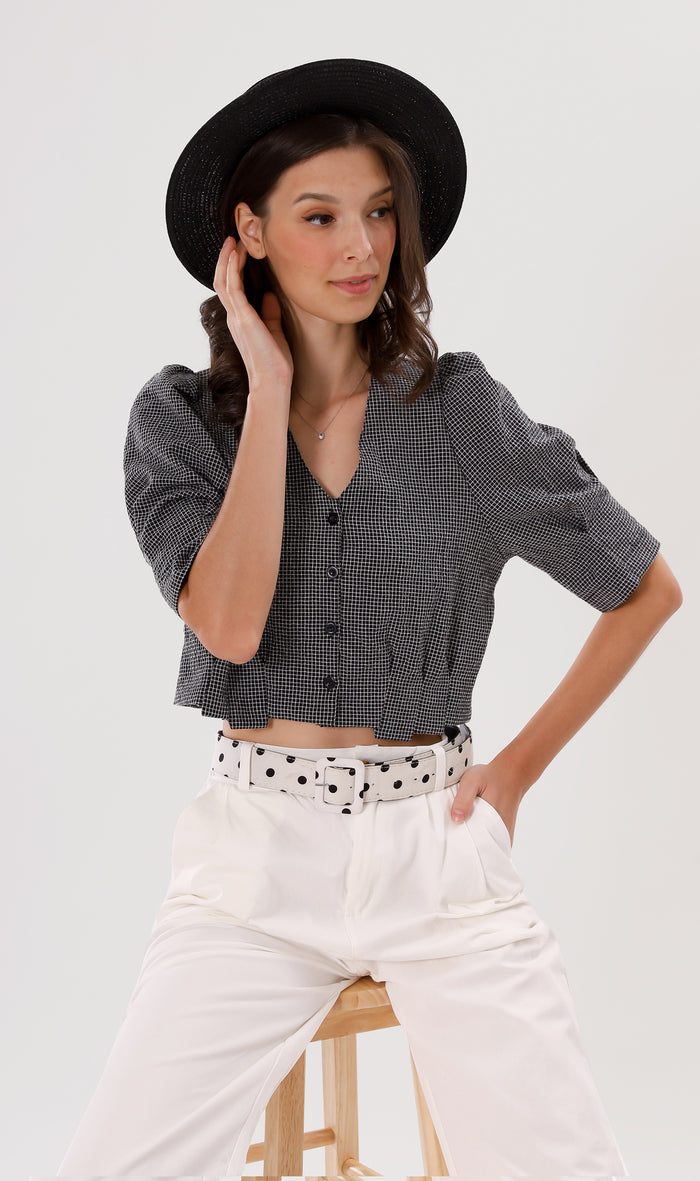 KATYA Buttoned Puff-Sleeve Grid Top (Black)